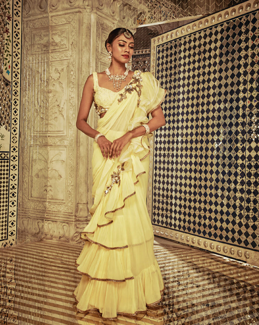 Yellow Ruffle Sari - Archana Kochhar India
